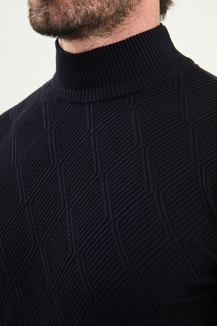 Textured Diamond Knit Turtleneck Sweater - Navy Blue