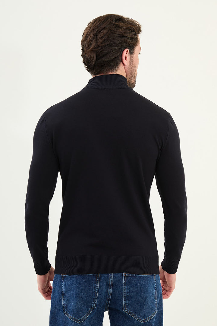 Textured Diamond Knit Turtleneck Sweater - Navy Blue