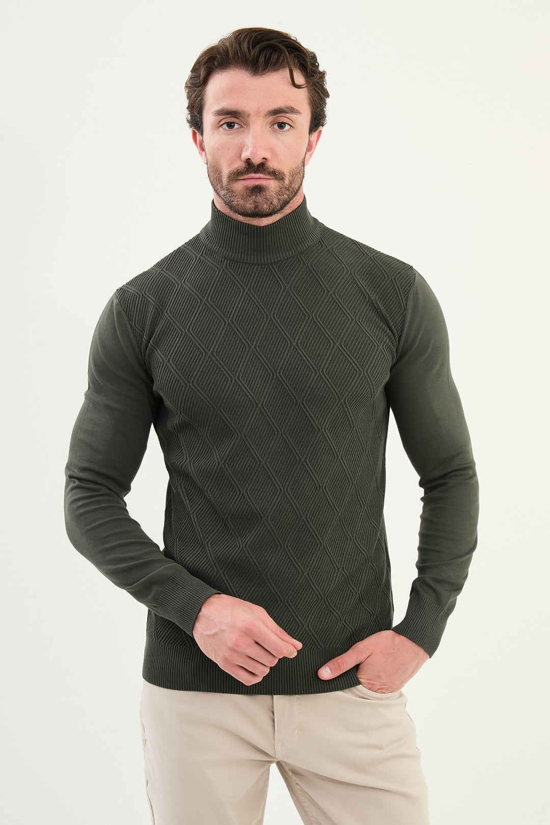 Textured Diamond Knit Turtleneck Sweater - Green