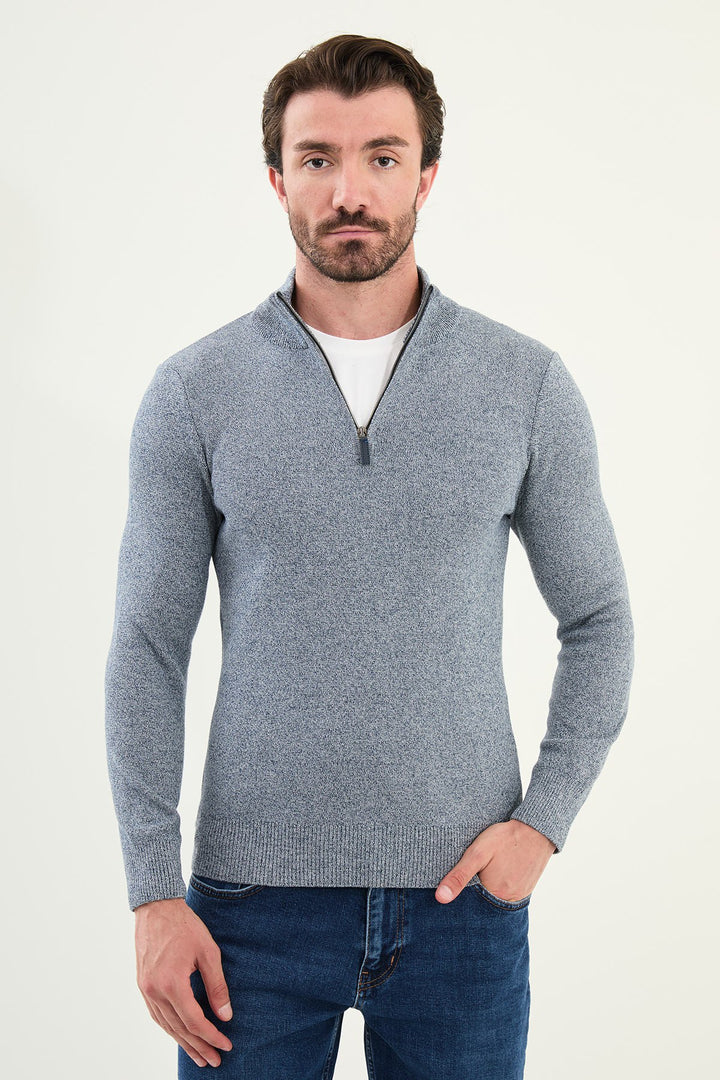 Half-Zip Mock Neck Sweater - Blue