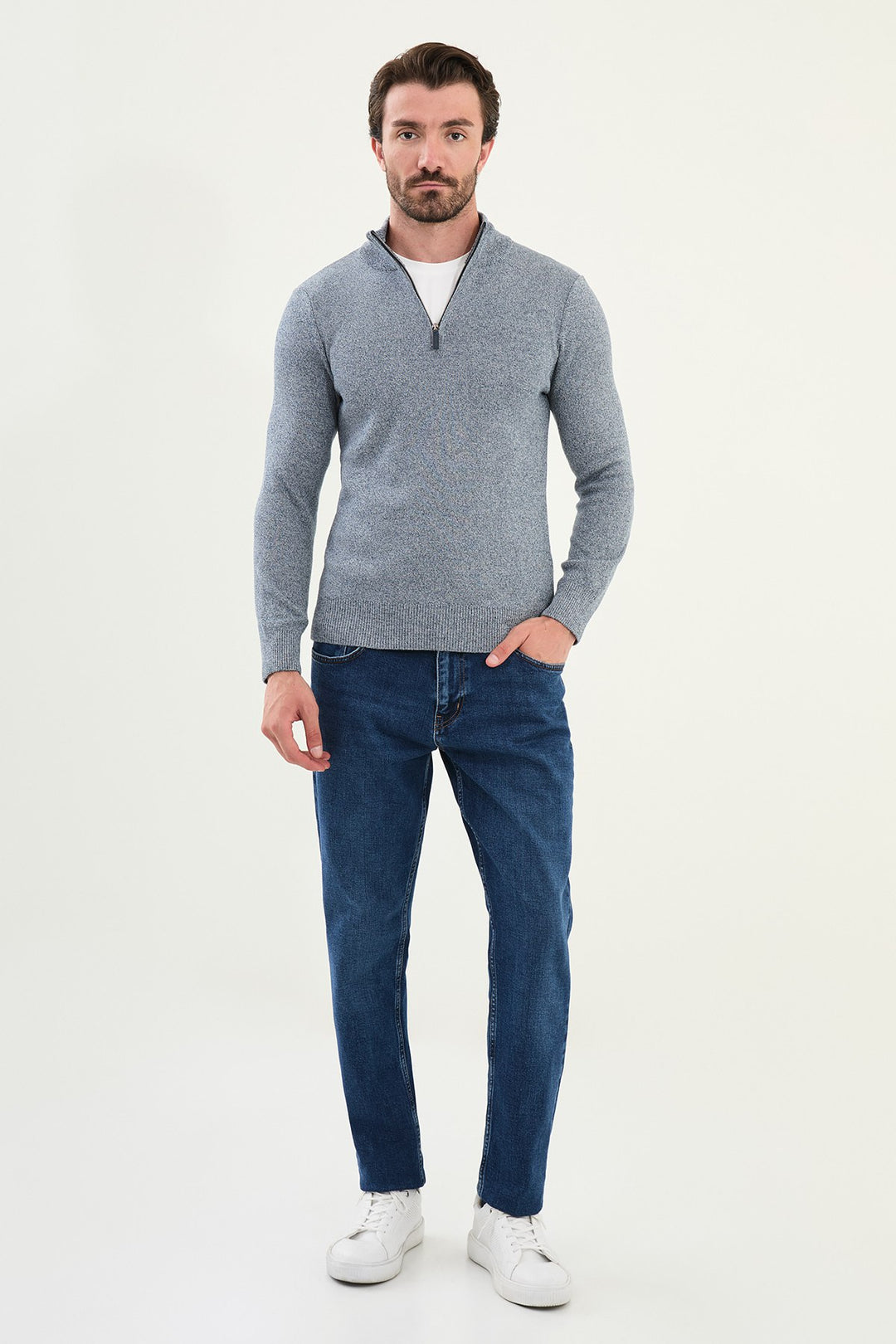 Half-Zip Mock Neck Sweater - Blue