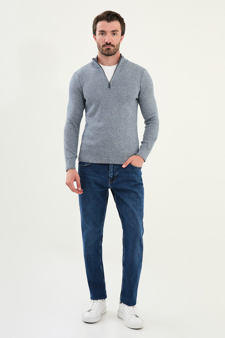 Half-Zip Mock Neck Sweater - Blue