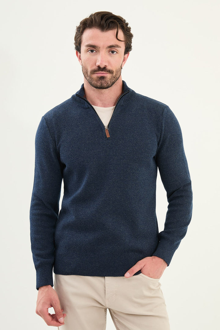 Half-Zip Mock Neck Sweater - Navy Blue
