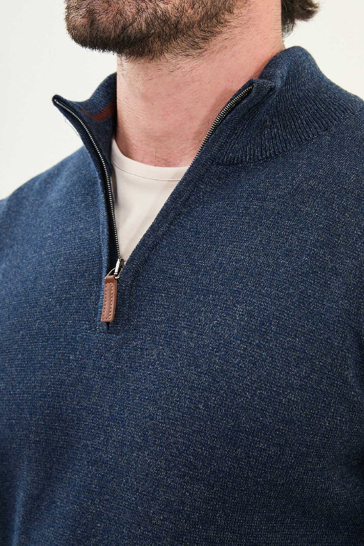 Half-Zip Mock Neck Sweater - Navy Blue