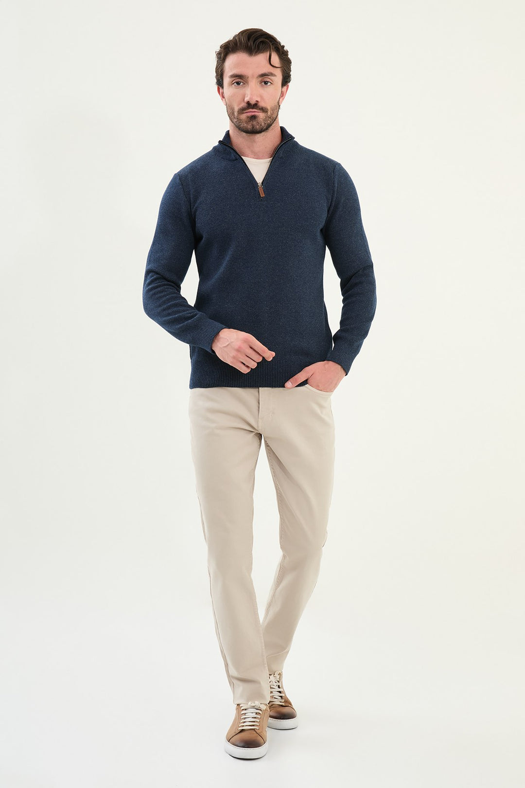 Half-Zip Mock Neck Sweater - Navy Blue