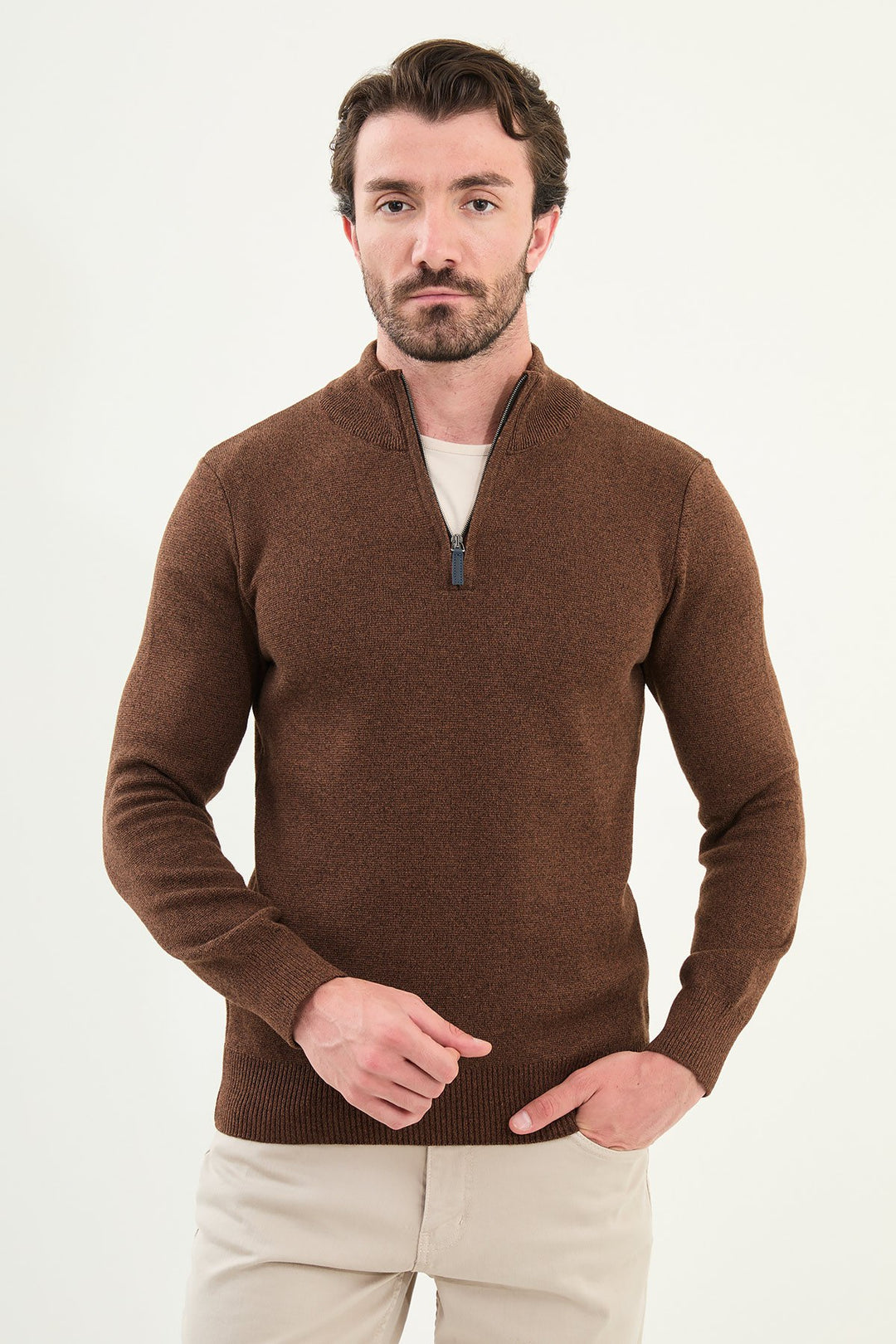 Half-Zip Mock Neck Sweater - Brown