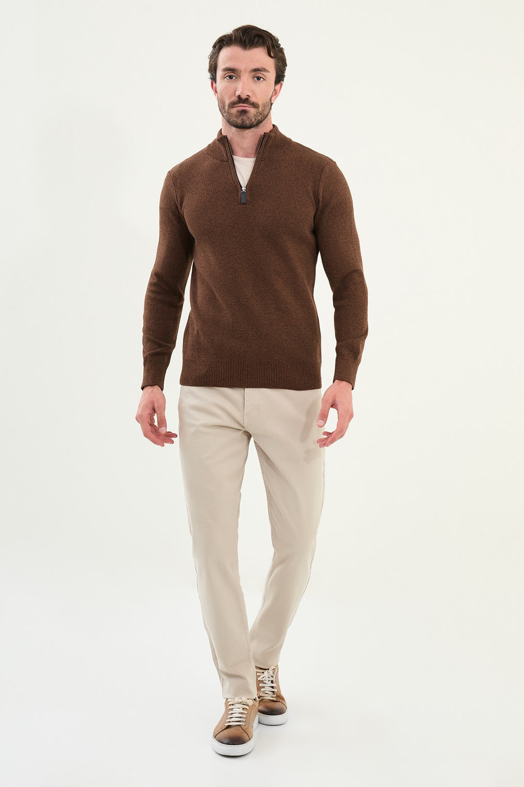 Half-Zip Mock Neck Sweater - Brown
