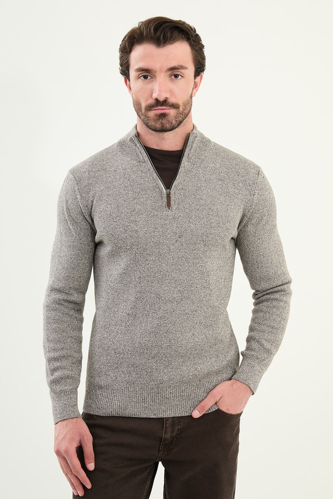 Half-Zip Mock Neck Sweater - Grey
