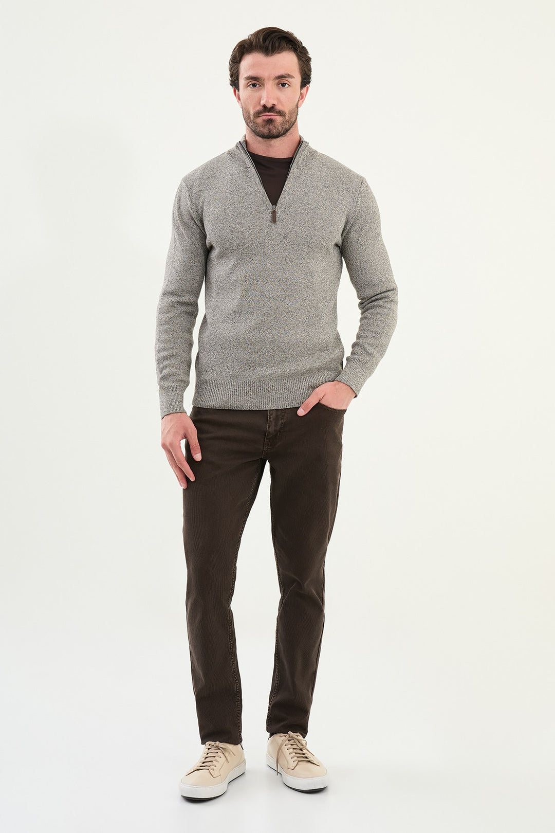 Half-Zip Mock Neck Sweater - Grey