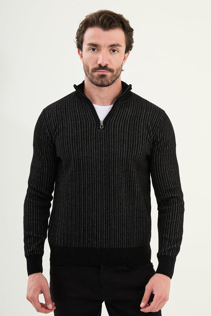 Ribbed Half-Zip Sweater - Black