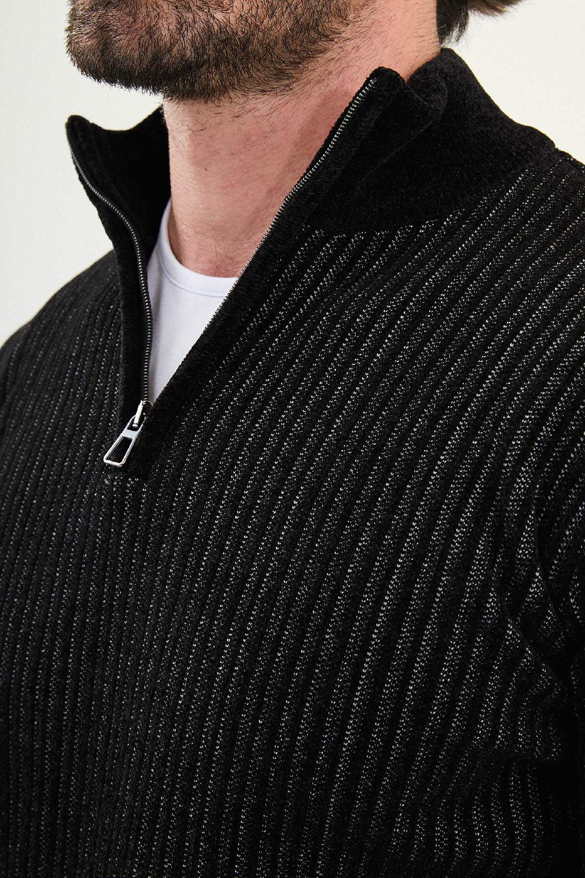 Ribbed Half-Zip Sweater - Black