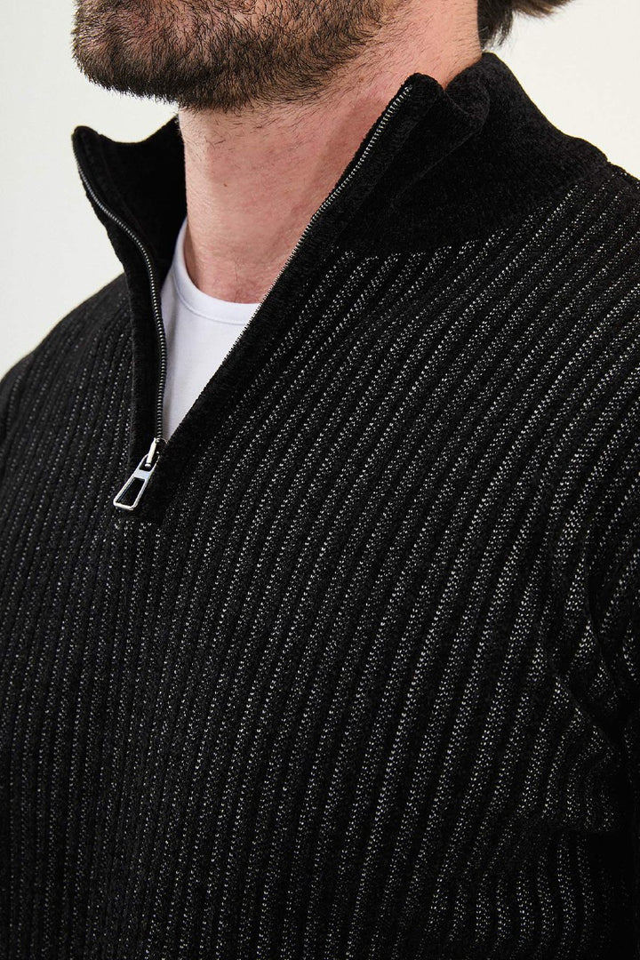 Ribbed Half-Zip Sweater - Black