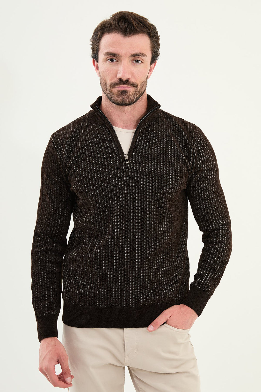 Ribbed Half-Zip Sweater - Brown