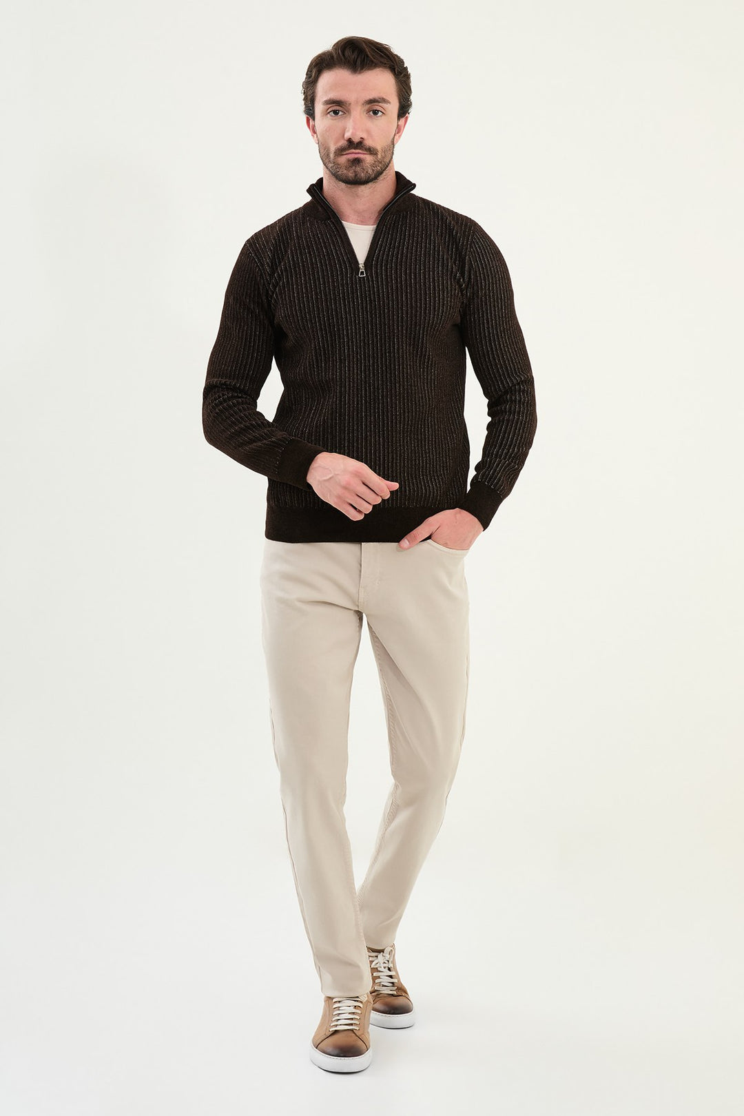 Ribbed Half-Zip Sweater - Brown