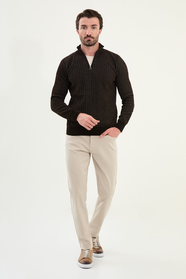 Ribbed Half-Zip Sweater - Brown