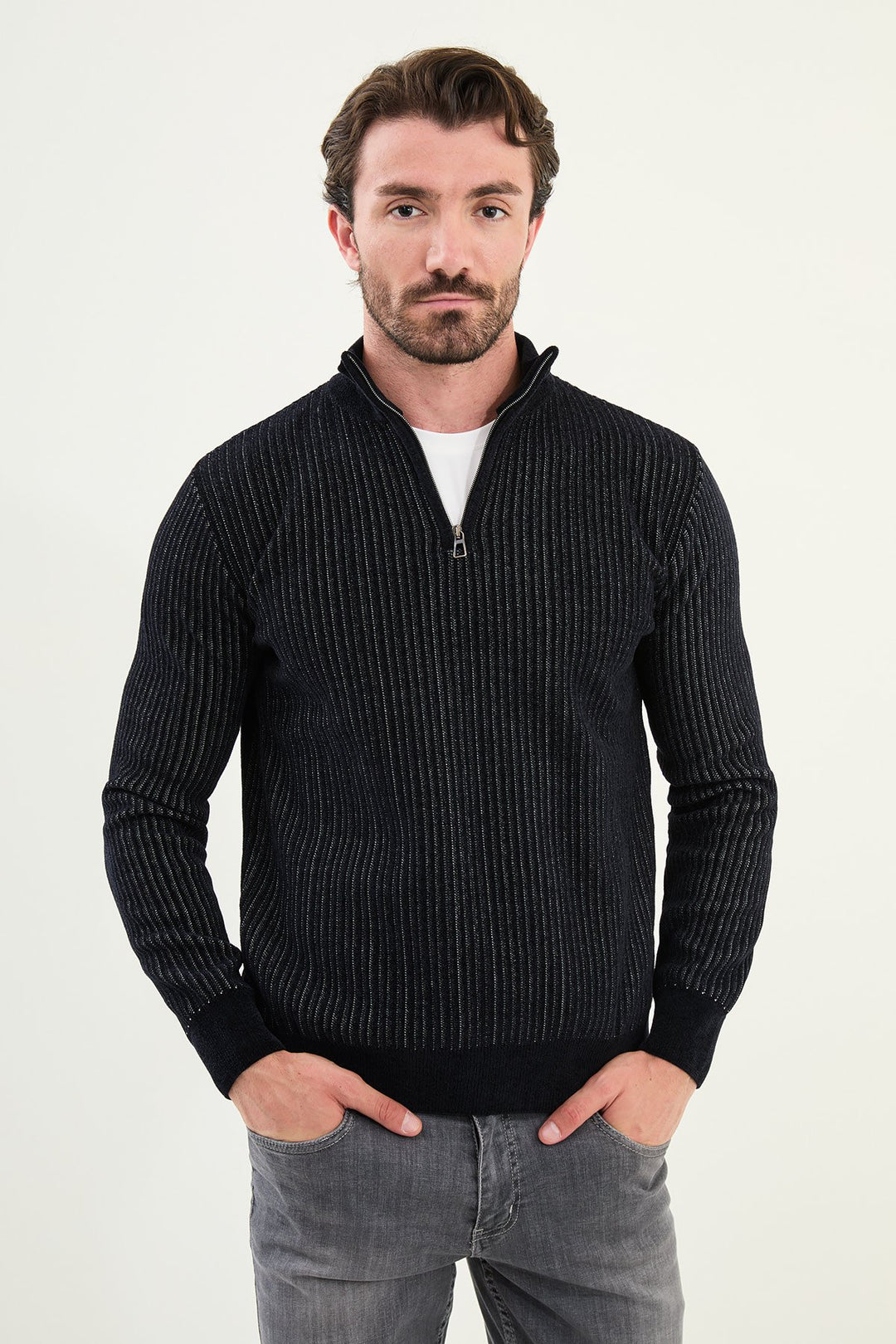 Ribbed Half-Zip Sweater - Dark Black