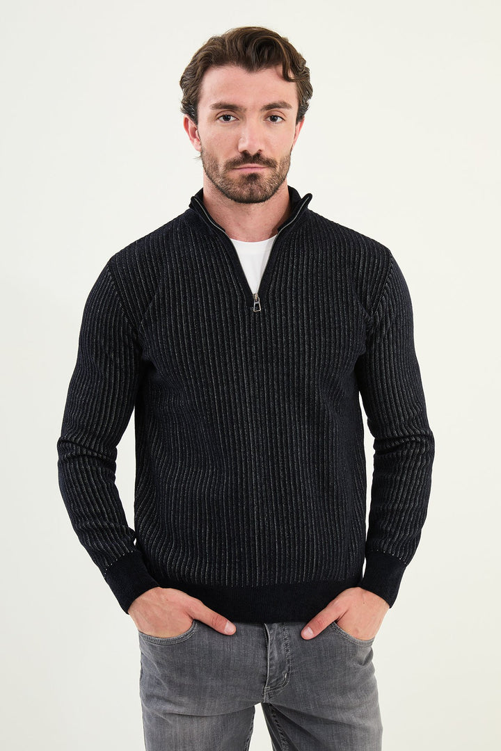 Ribbed Half-Zip Sweater - Dark Black