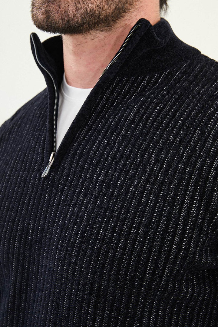 Ribbed Half-Zip Sweater - Dark Black