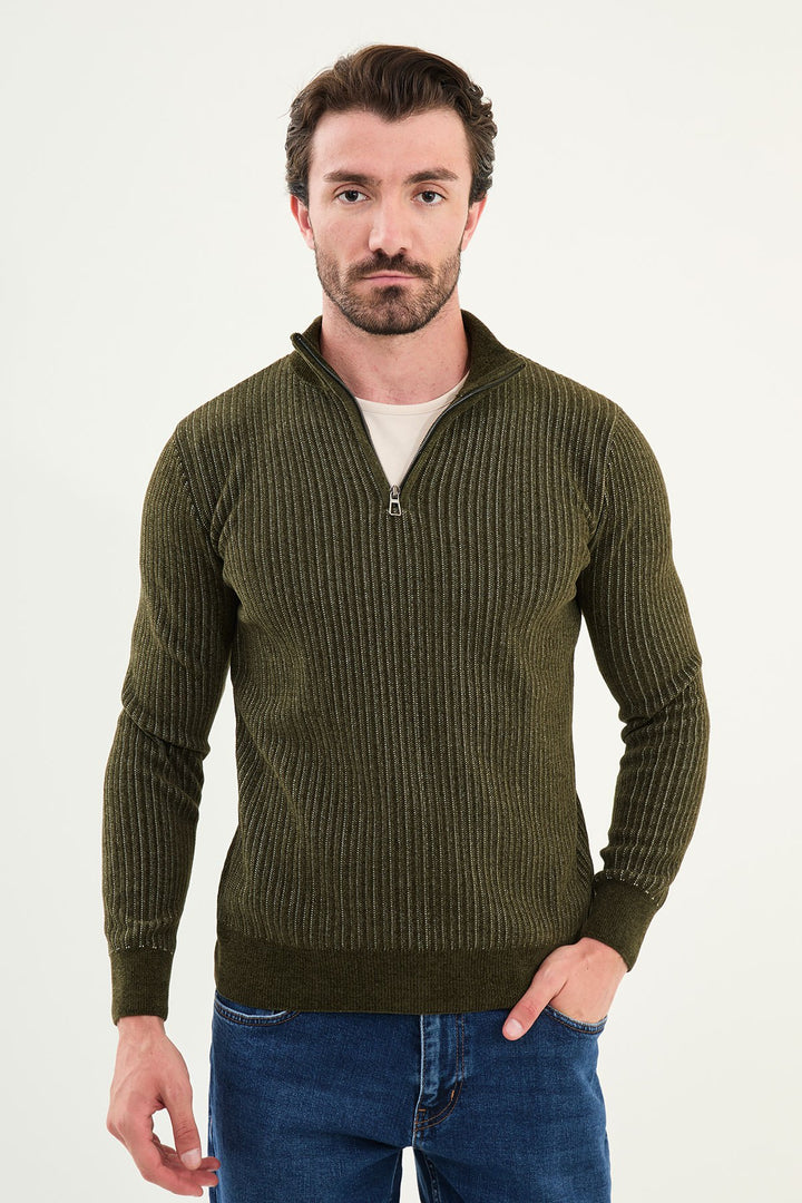 Ribbed Half-Zip Sweater - Khaki