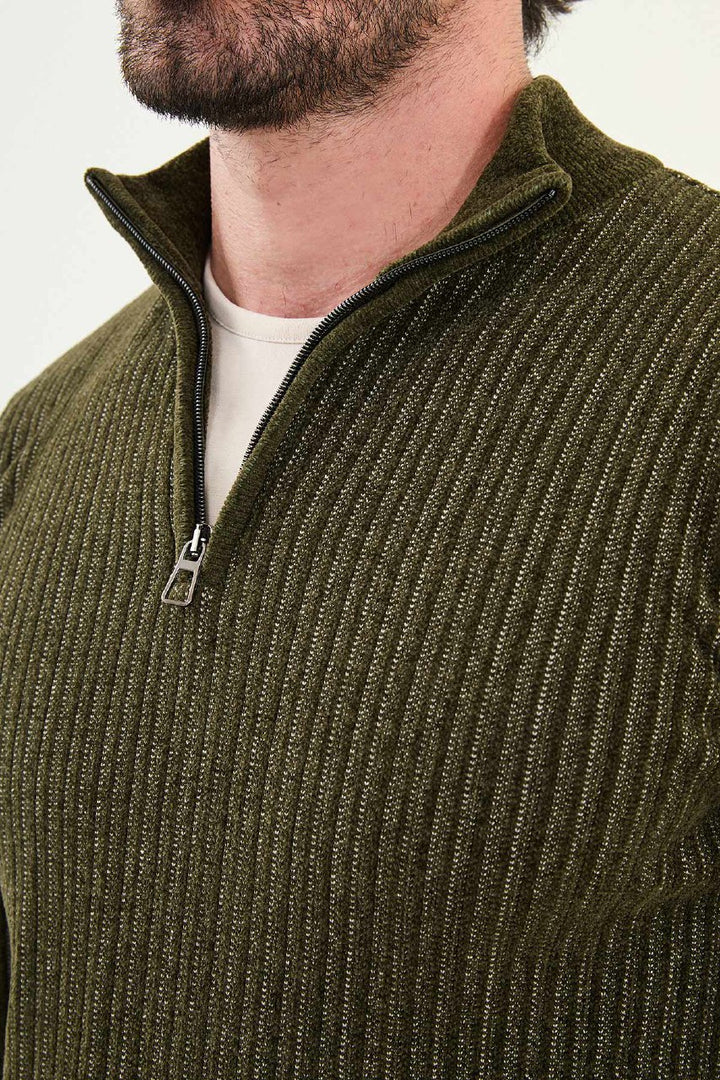 Ribbed Half-Zip Sweater - Khaki