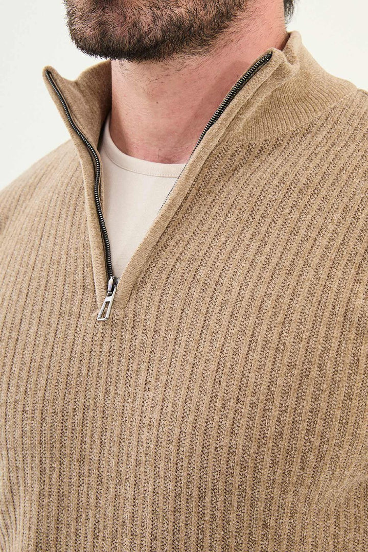 Ribbed Half-Zip Sweater - Beige