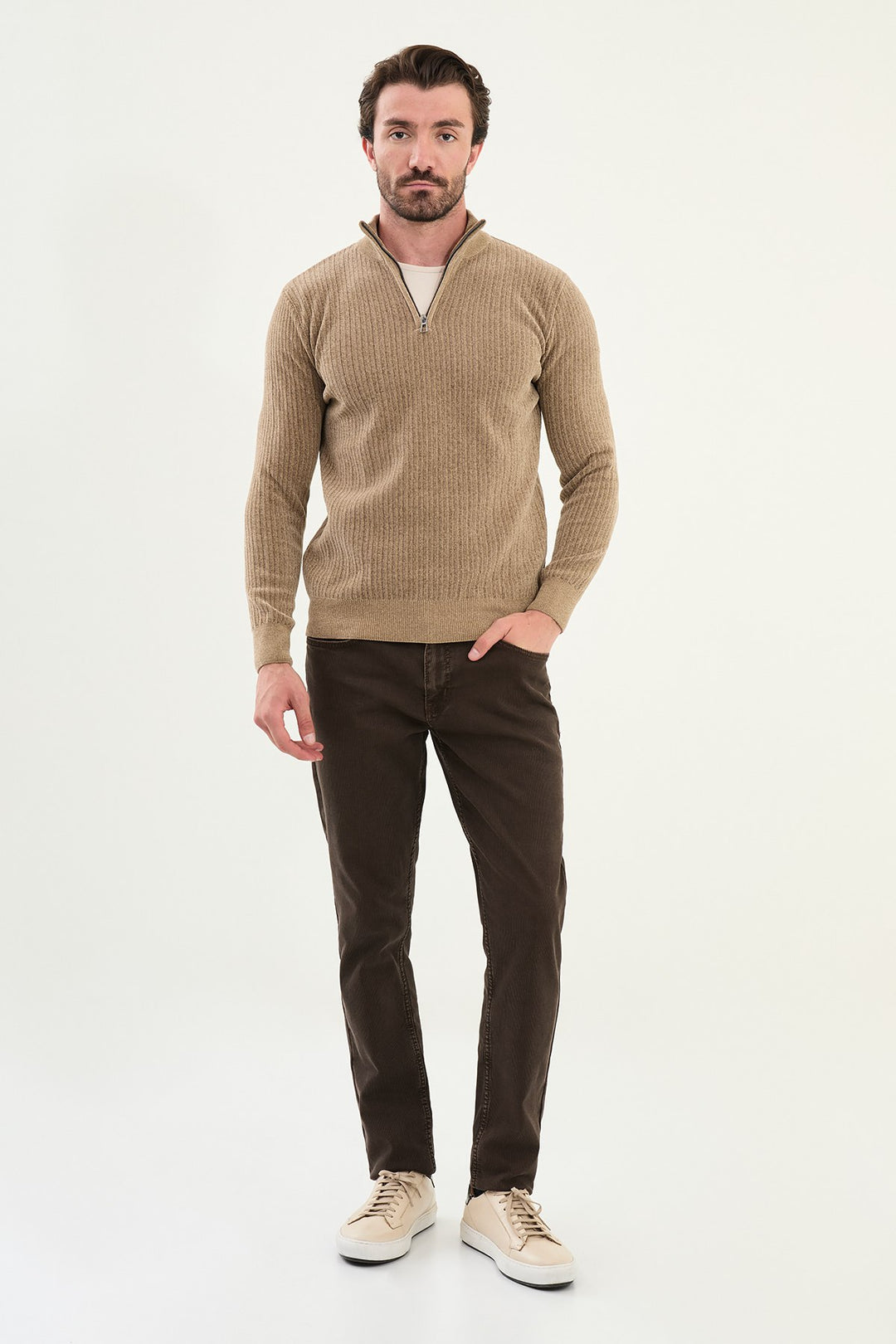 Ribbed Half-Zip Sweater - Beige