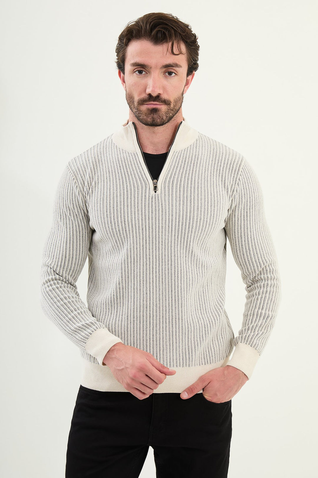 Ribbed Half-Zip Sweater - White