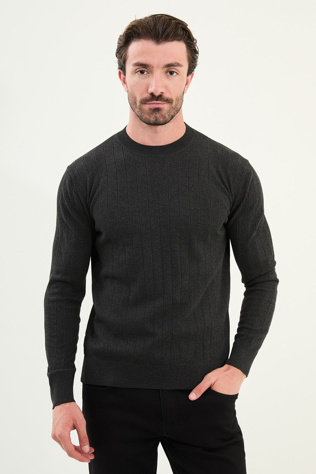 Ribbed Crew Neck Sweater - Grey