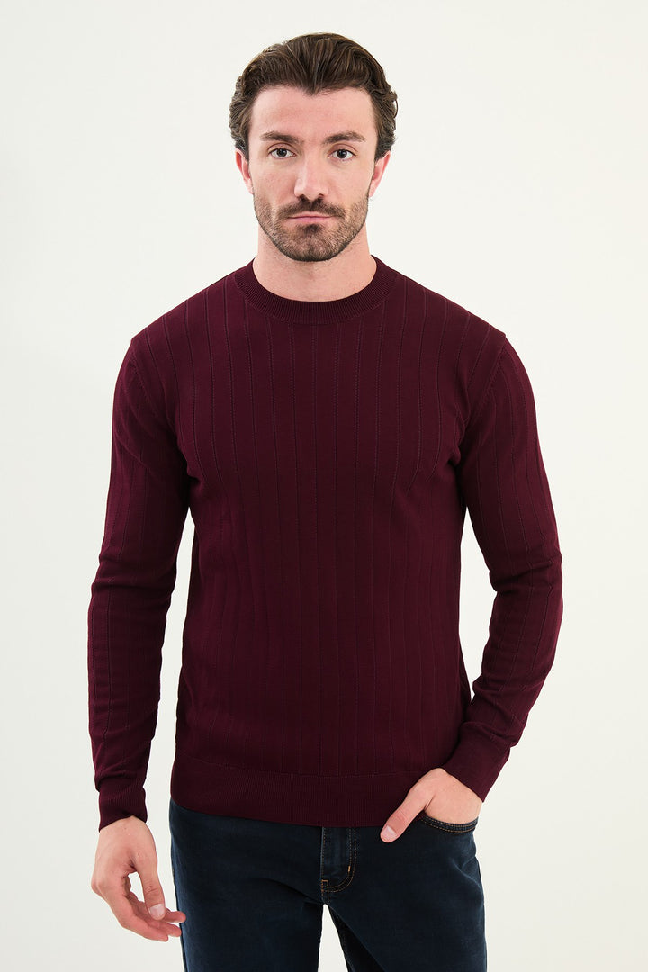 Ribbed Crew Neck Sweater - Burgundy