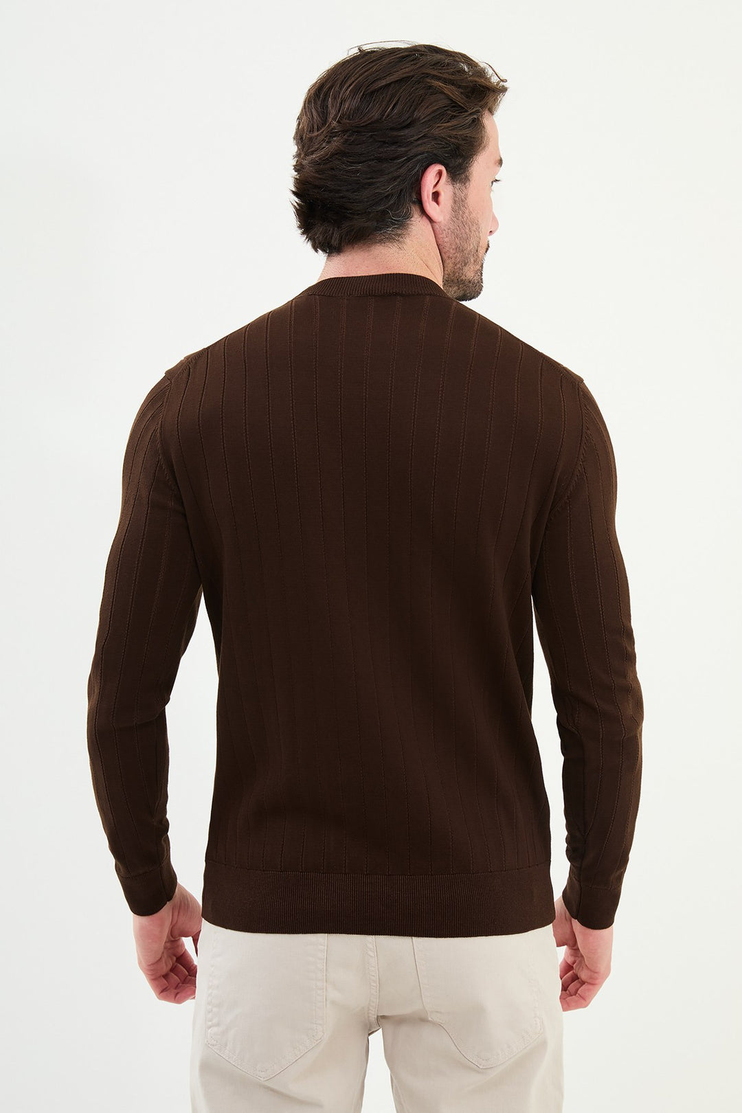 Ribbed Crew Neck Sweater - Brown