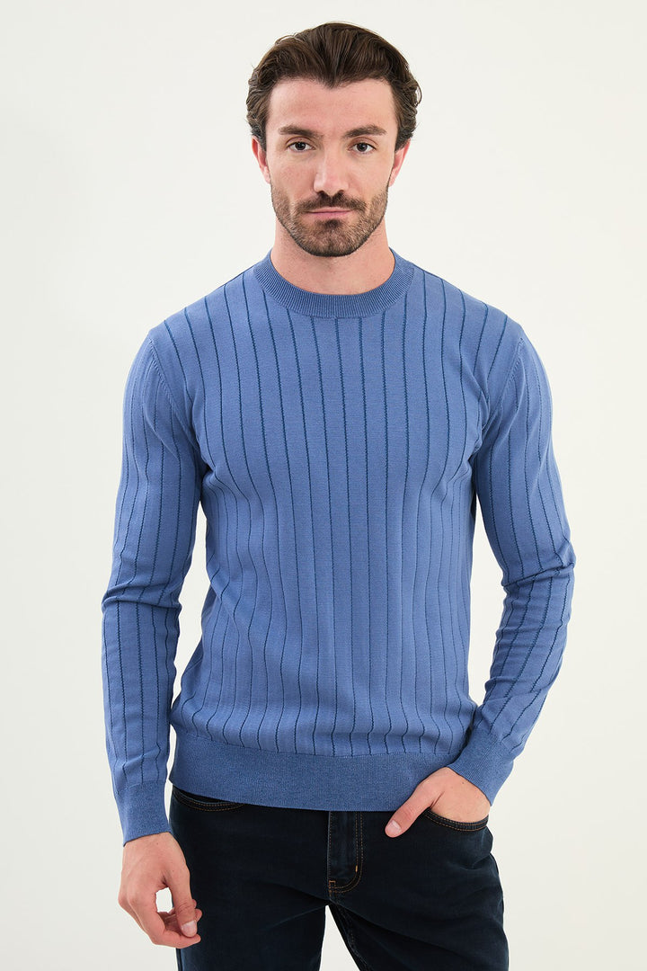 Ribbed Crew Neck Sweater - Blue