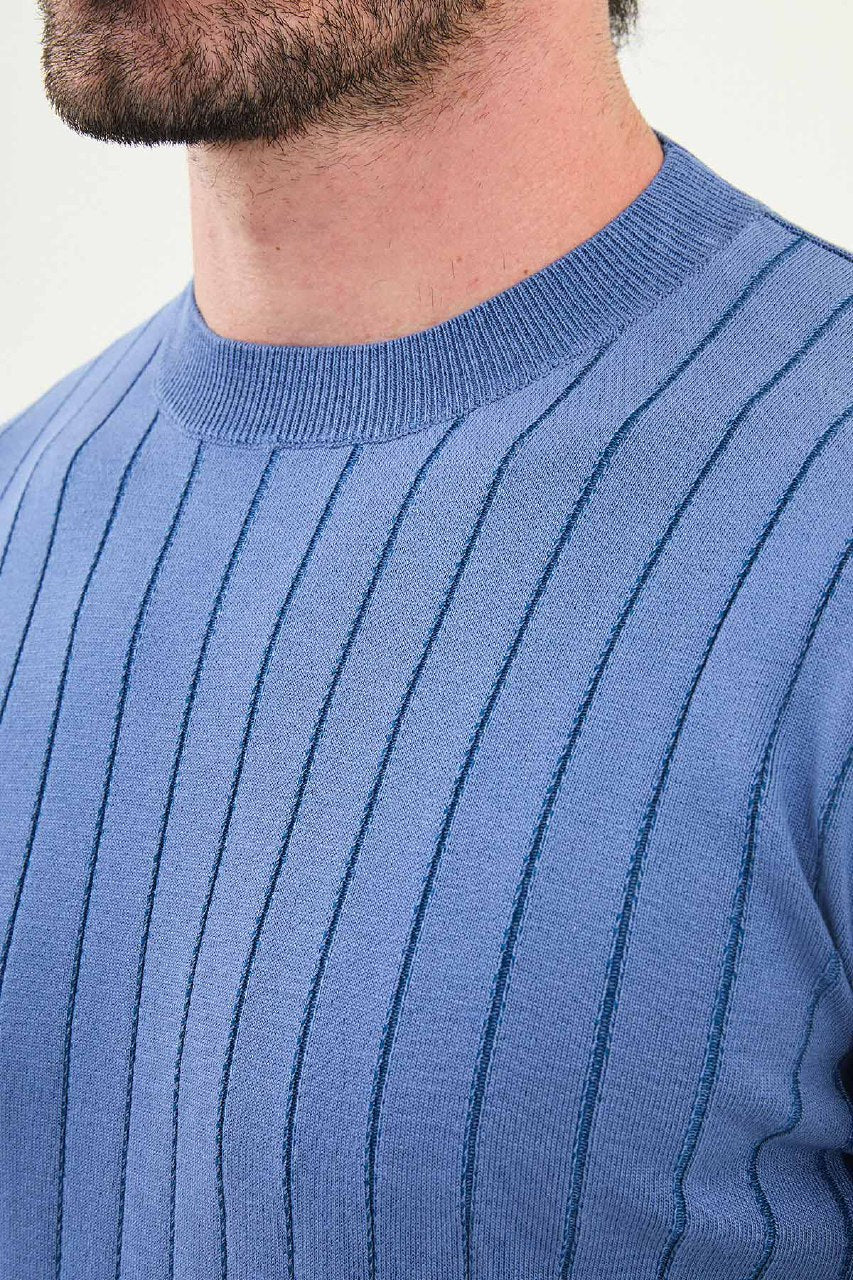 Ribbed Crew Neck Sweater - Blue