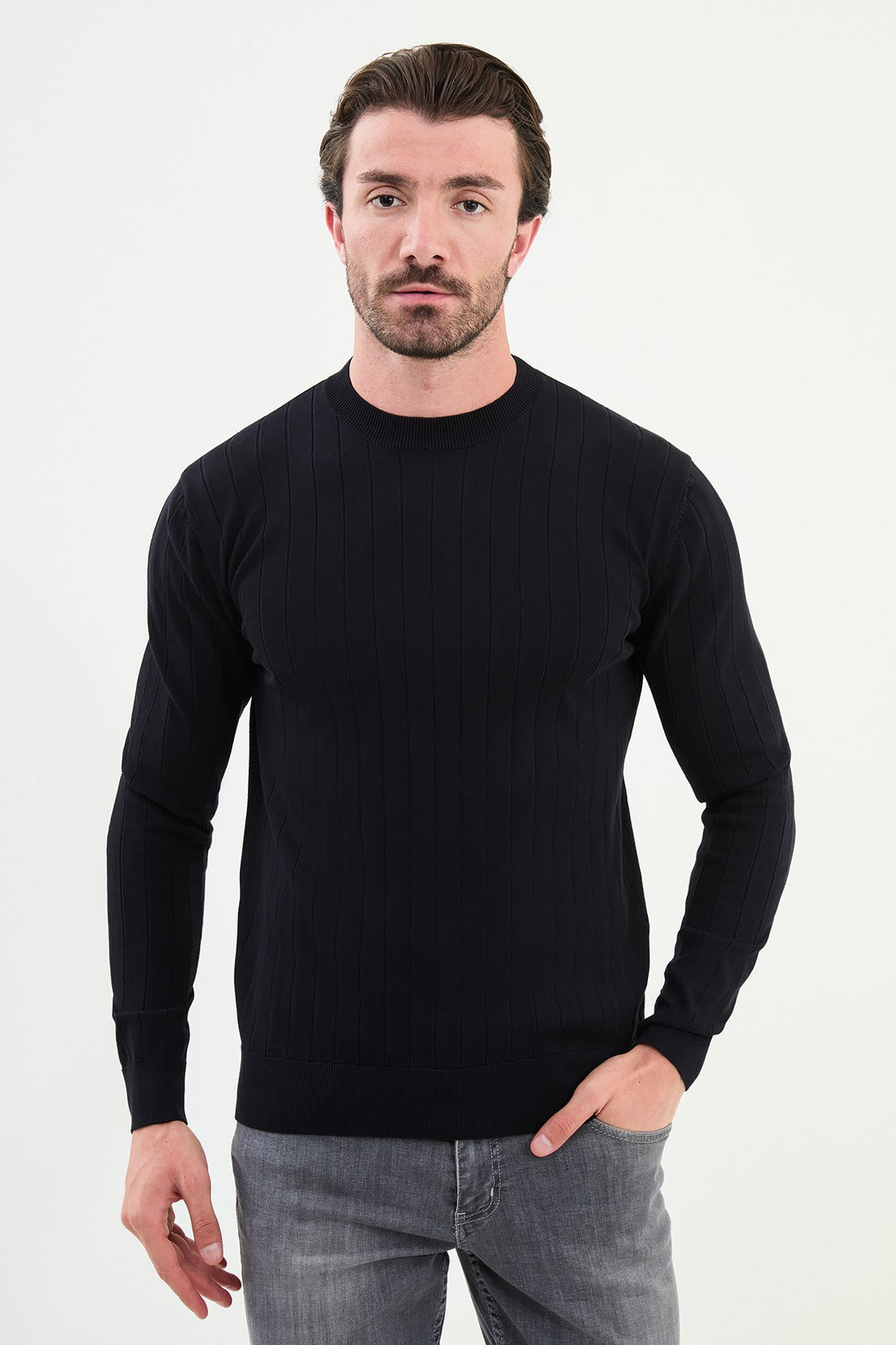 Ribbed Crew Neck Sweater - Navy Blue