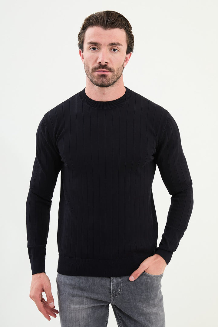 Ribbed Crew Neck Sweater - Navy Blue