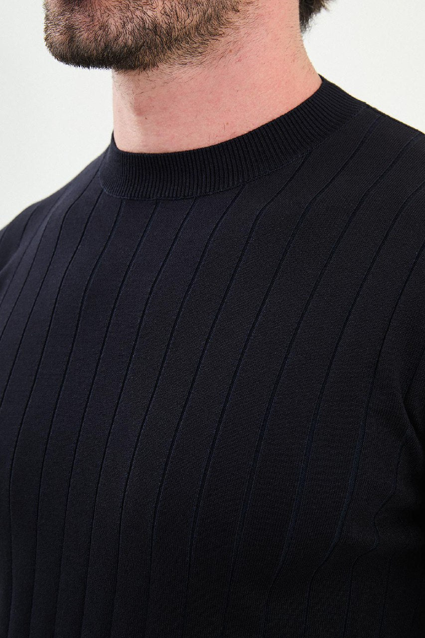 Ribbed Crew Neck Sweater - Navy Blue