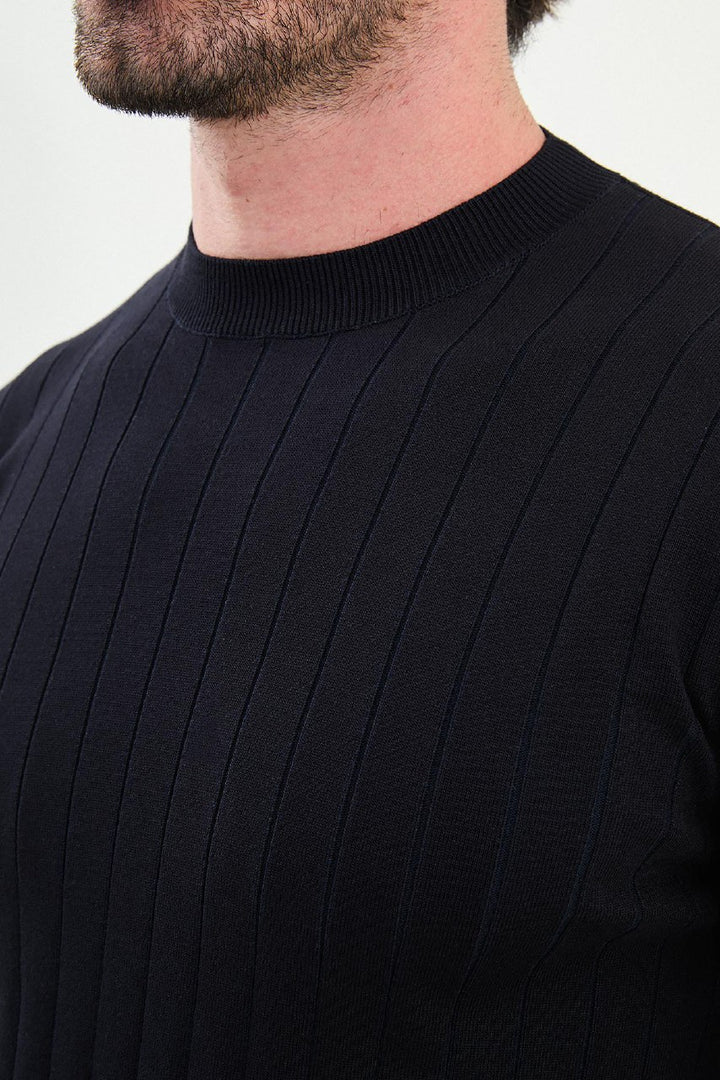 Ribbed Crew Neck Sweater - Navy Blue