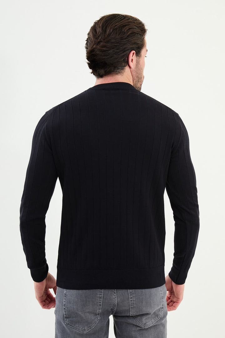Ribbed Crew Neck Sweater - Navy Blue