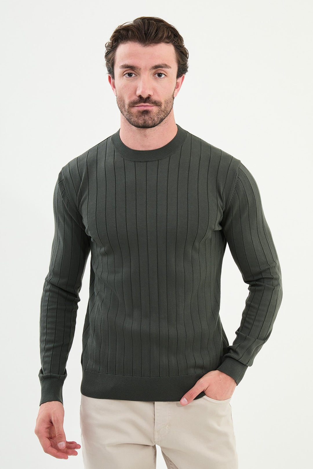 Ribbed Crew Neck Sweater - Khaki