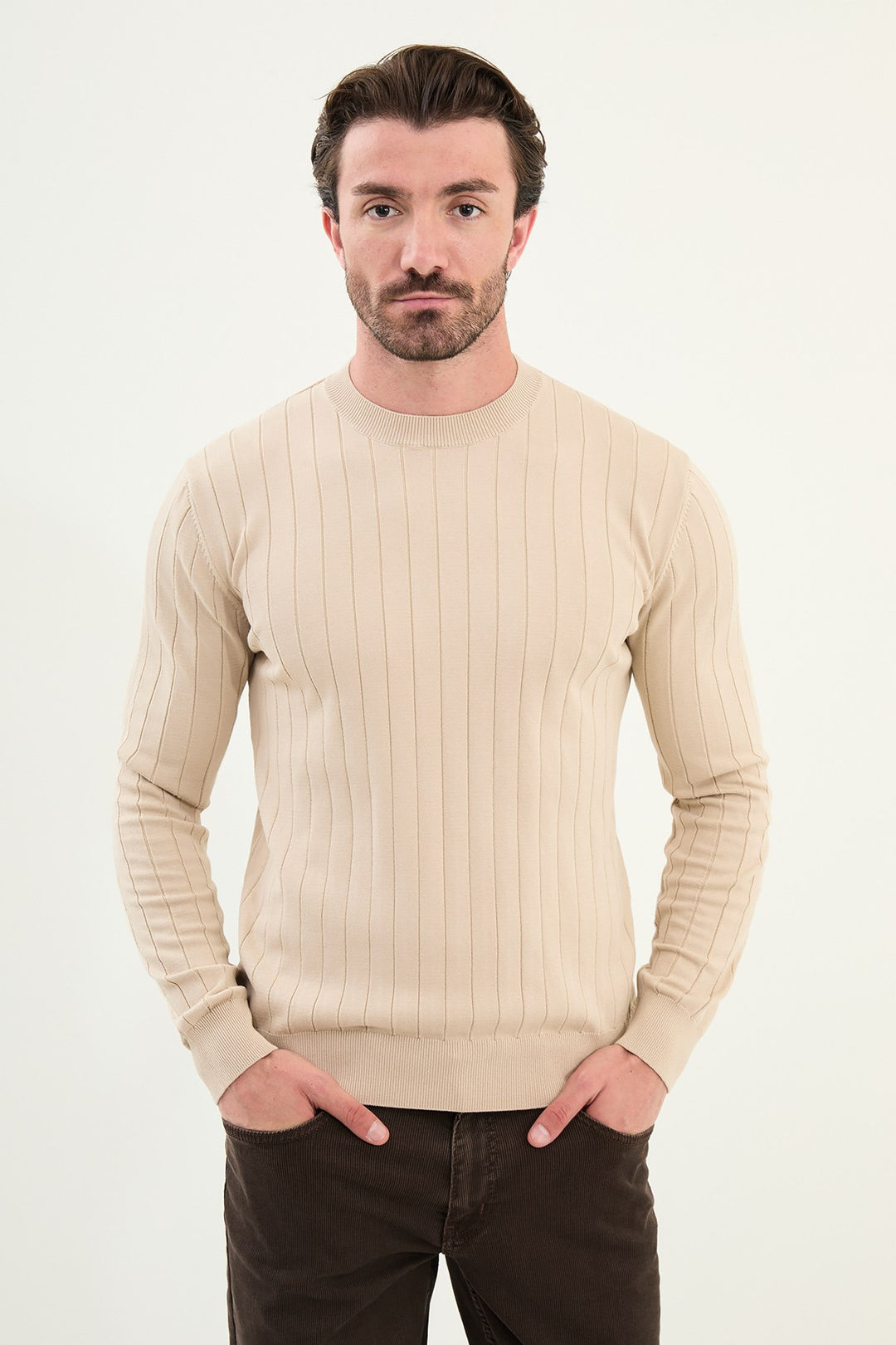 Ribbed Crew Neck Sweater - Beige