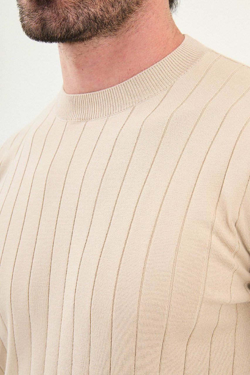 Ribbed Crew Neck Sweater - Beige