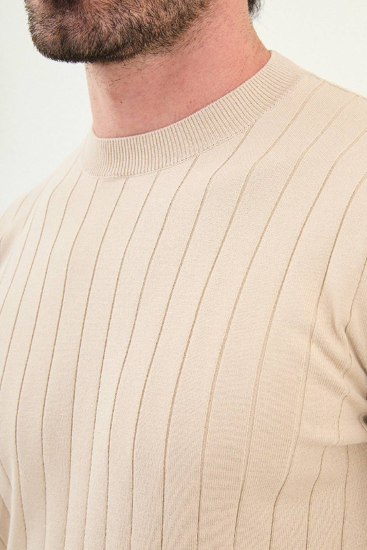 Ribbed Crew Neck Sweater - Beige