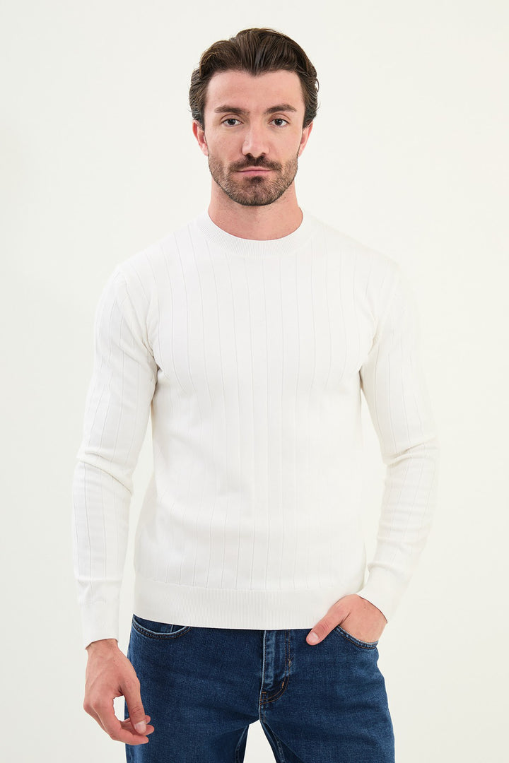 Ribbed Crew Neck Sweater - White
