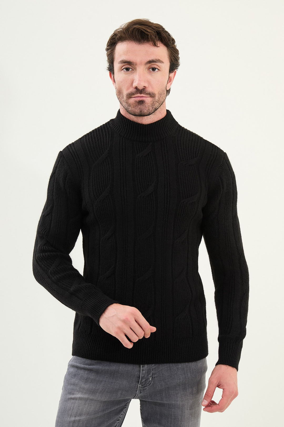 Cable Knit Turtleneck Sweater - Black