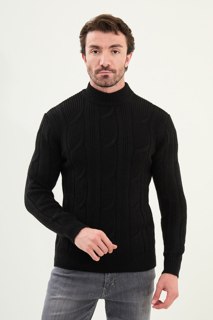 Cable Knit Turtleneck Sweater - Black