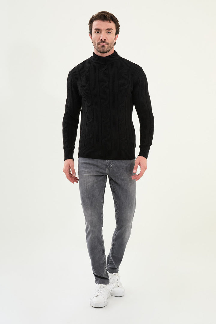 Cable Knit Turtleneck Sweater - Black