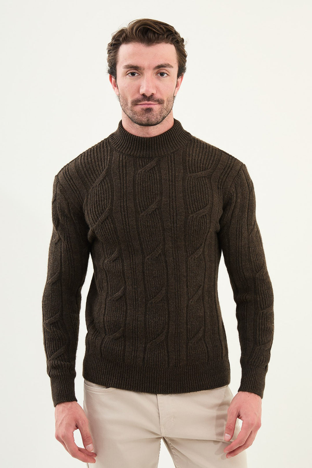 Cable Knit Turtleneck Sweater - Brown