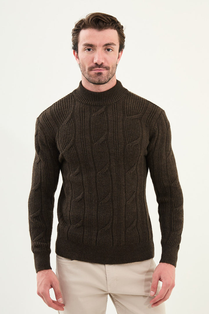 Cable Knit Turtleneck Sweater - Brown