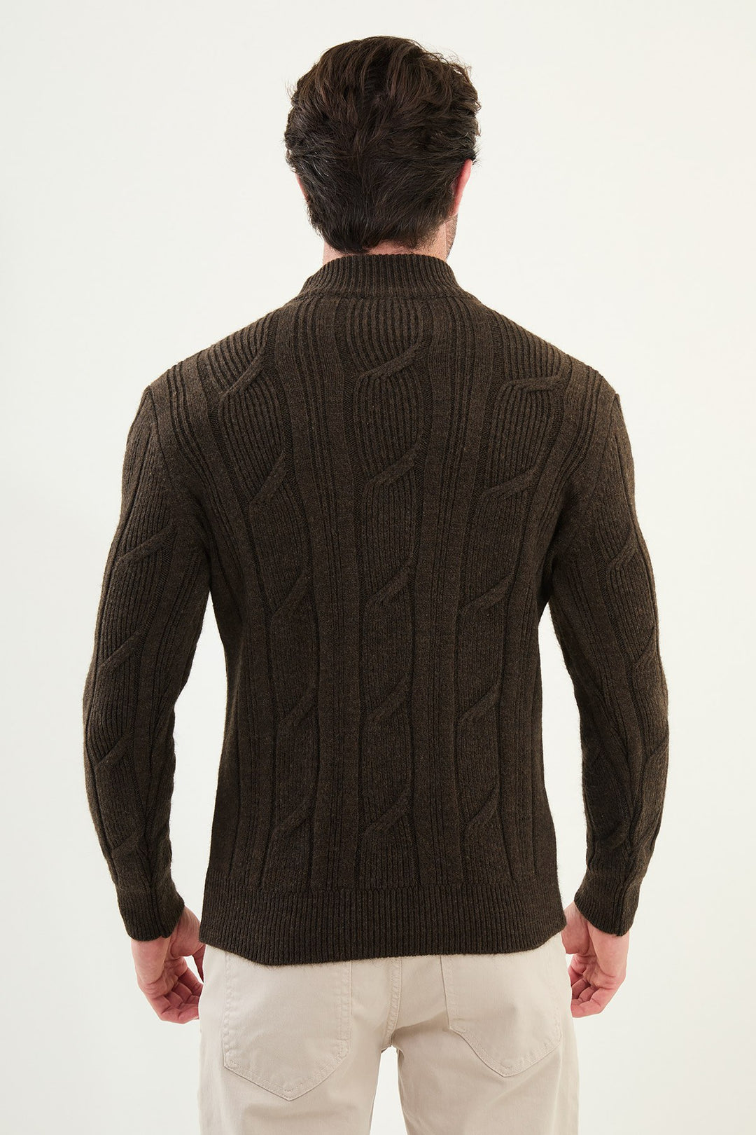 Cable Knit Turtleneck Sweater - Brown