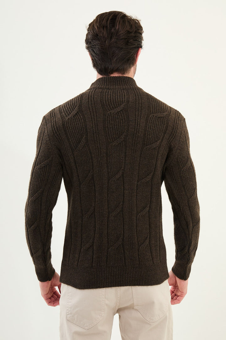 Cable Knit Turtleneck Sweater - Brown