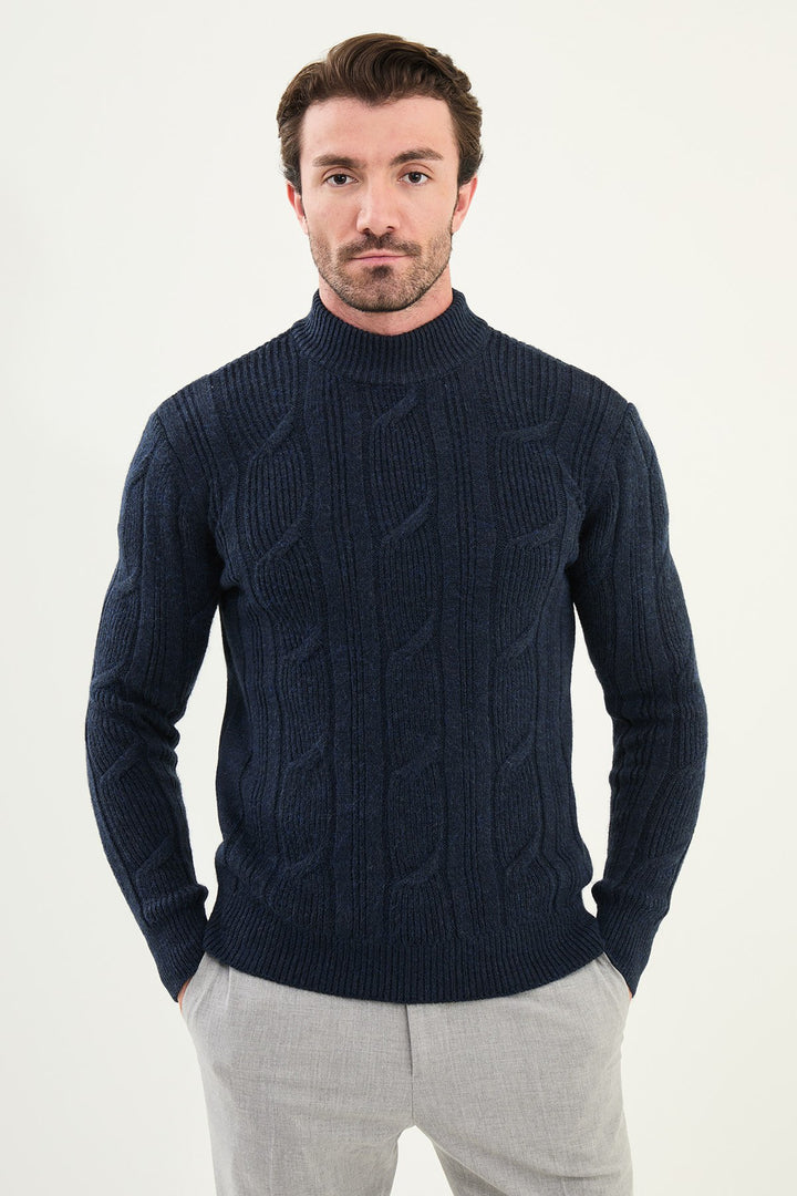Cable Knit Turtleneck Sweater - Navy Blue